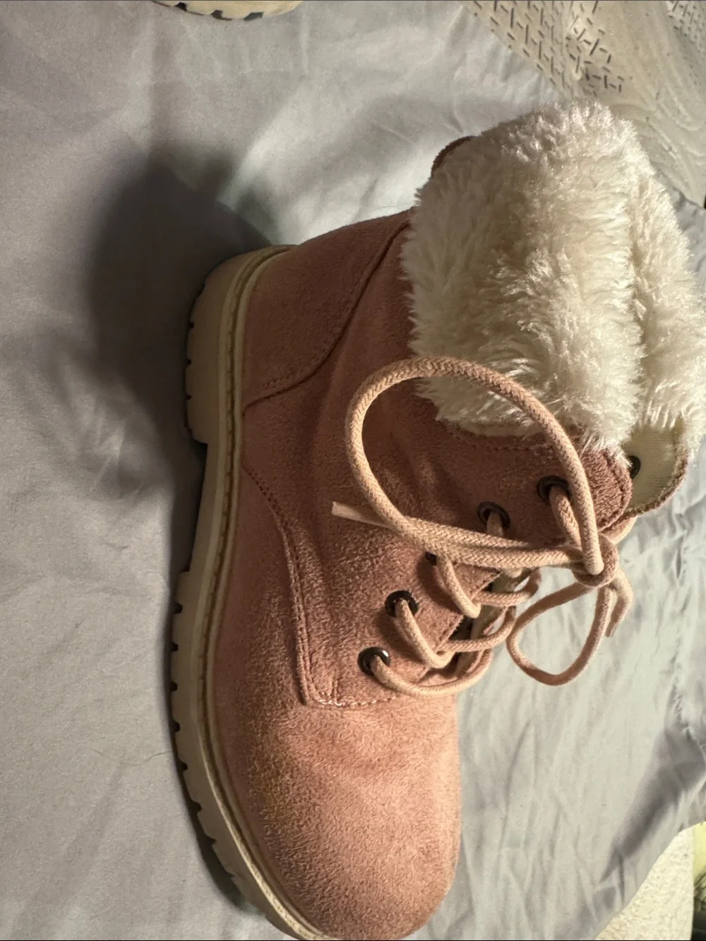 Girl’s Faux-Suede Pink Ankle Boots with Faux-Fur Collar